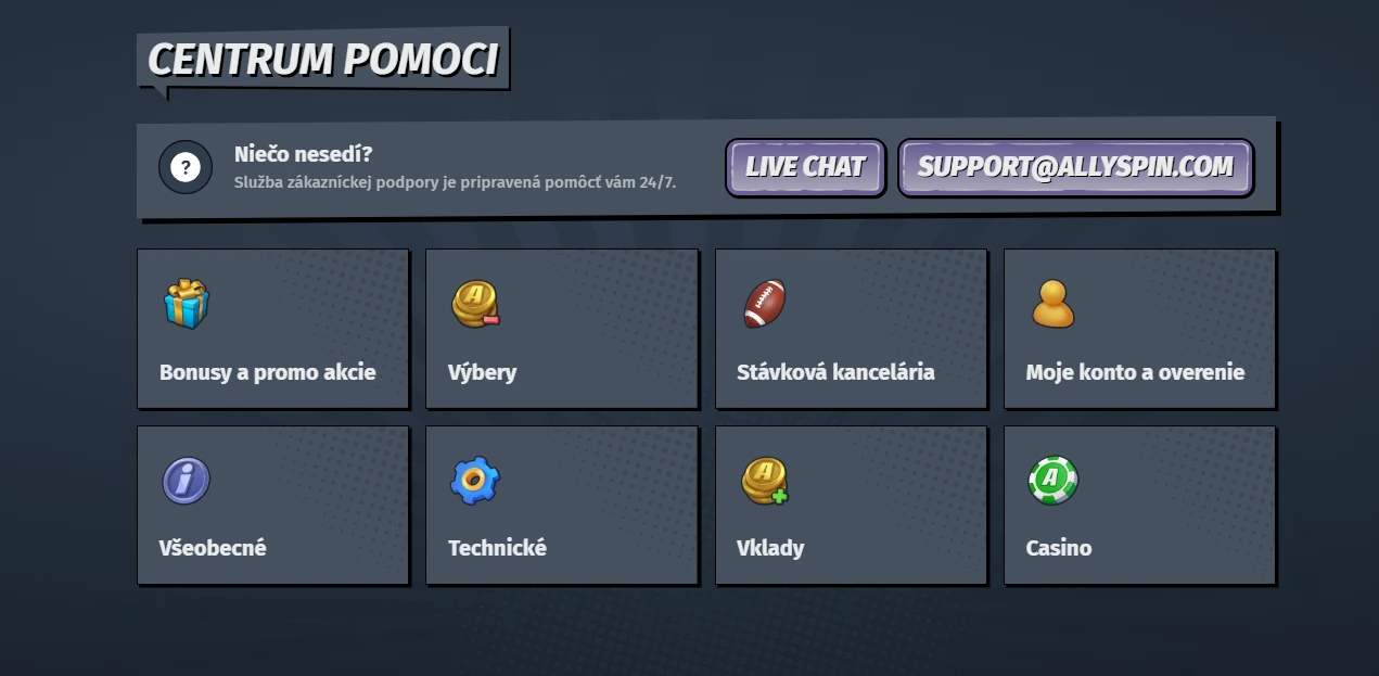 Allyspin zákaznícka podpora cez chat a e-mail