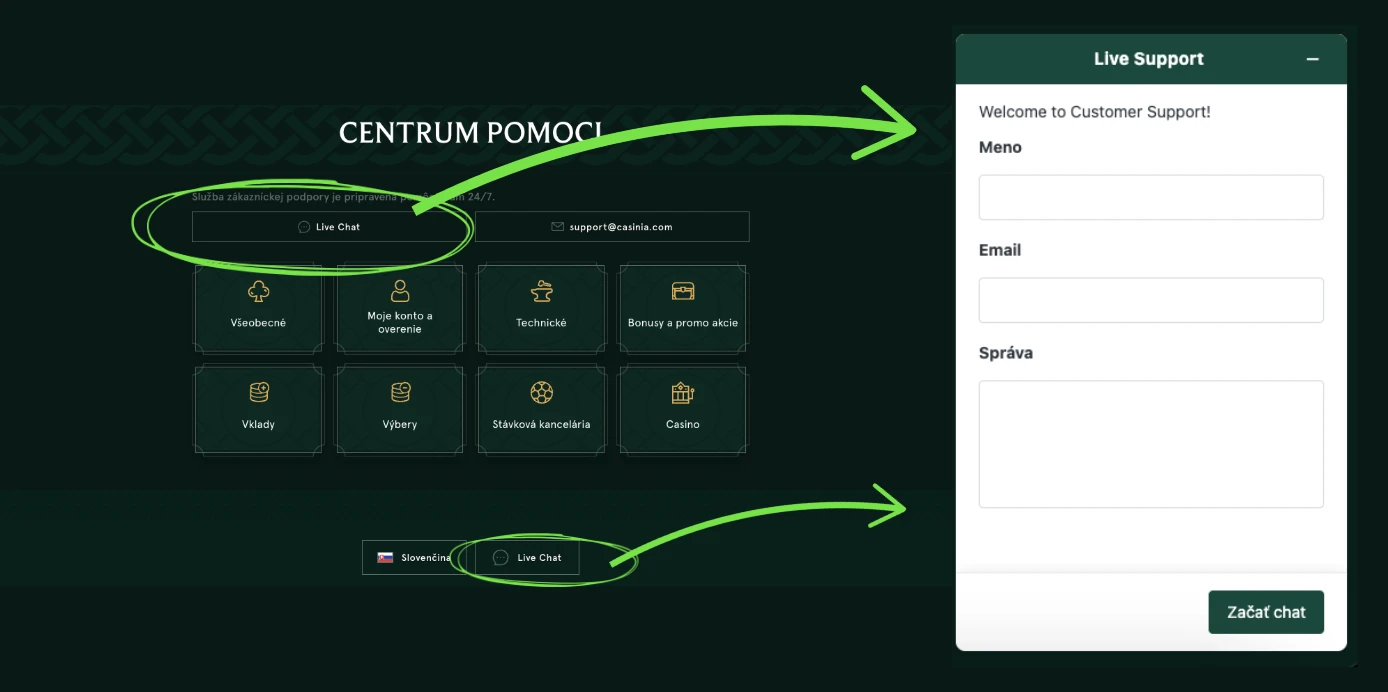 Kontakt a zákaznícka podpora Casinia Casino