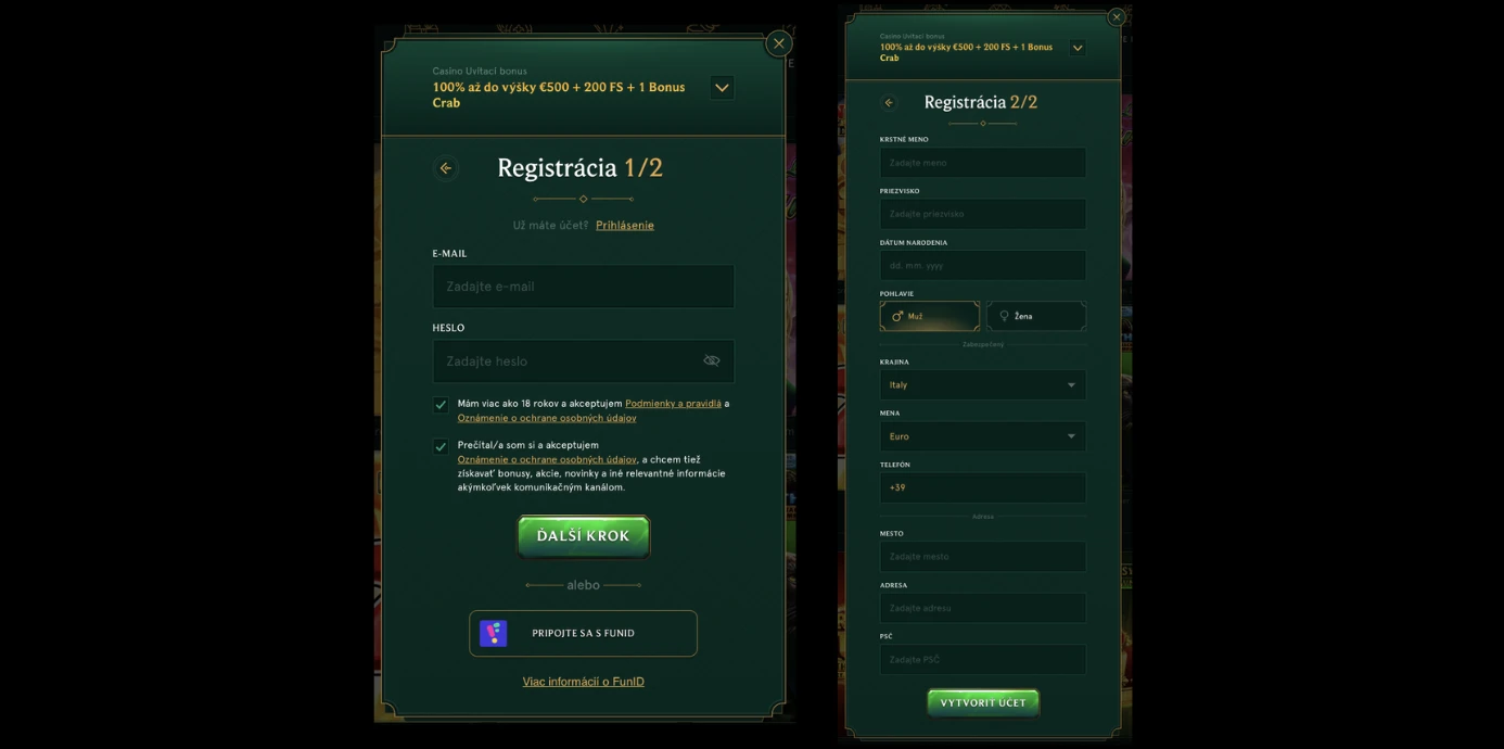 Registračný formulár v Casinia Casino