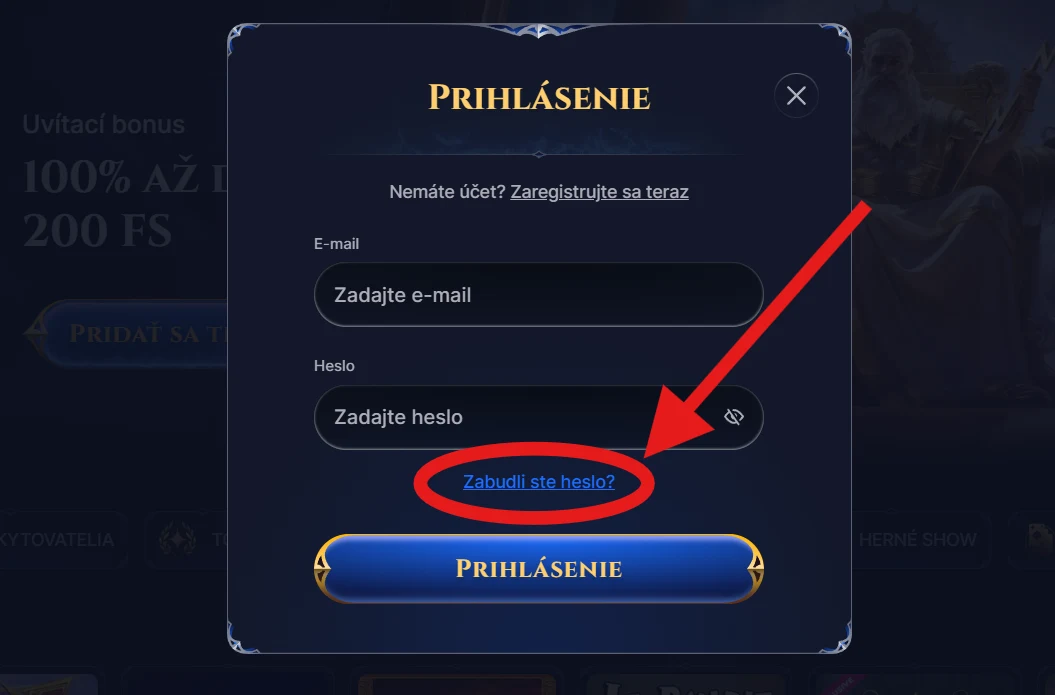 Obnova zabudnutého hesla v Cazeus Casino cez prihlasovacie okno