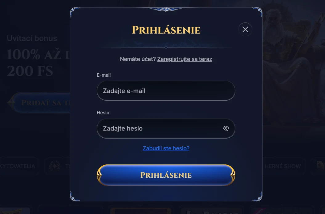 Prihlasovacie okno do hráčskeho účtu Cazeus Casino