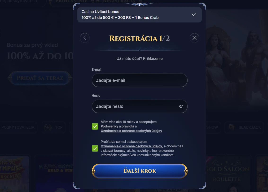 Registračný formulár v Cazeus Casino s výberom bonusovej ponuky