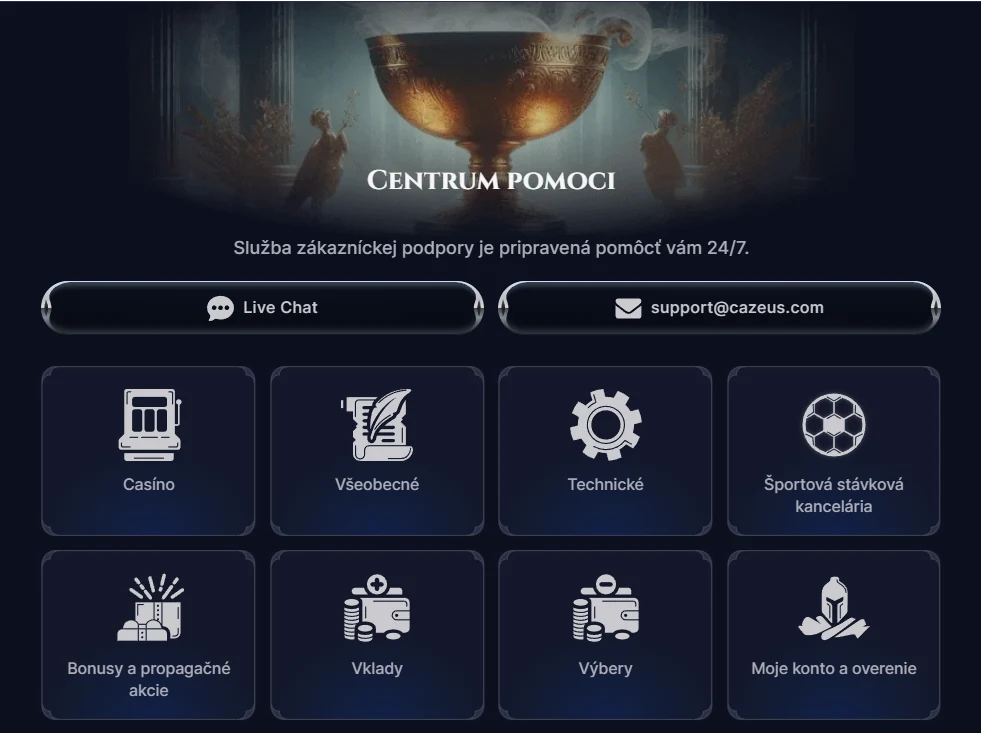 Centrum pomoci Cazeus Casino s často kladenými otázkami a podporou