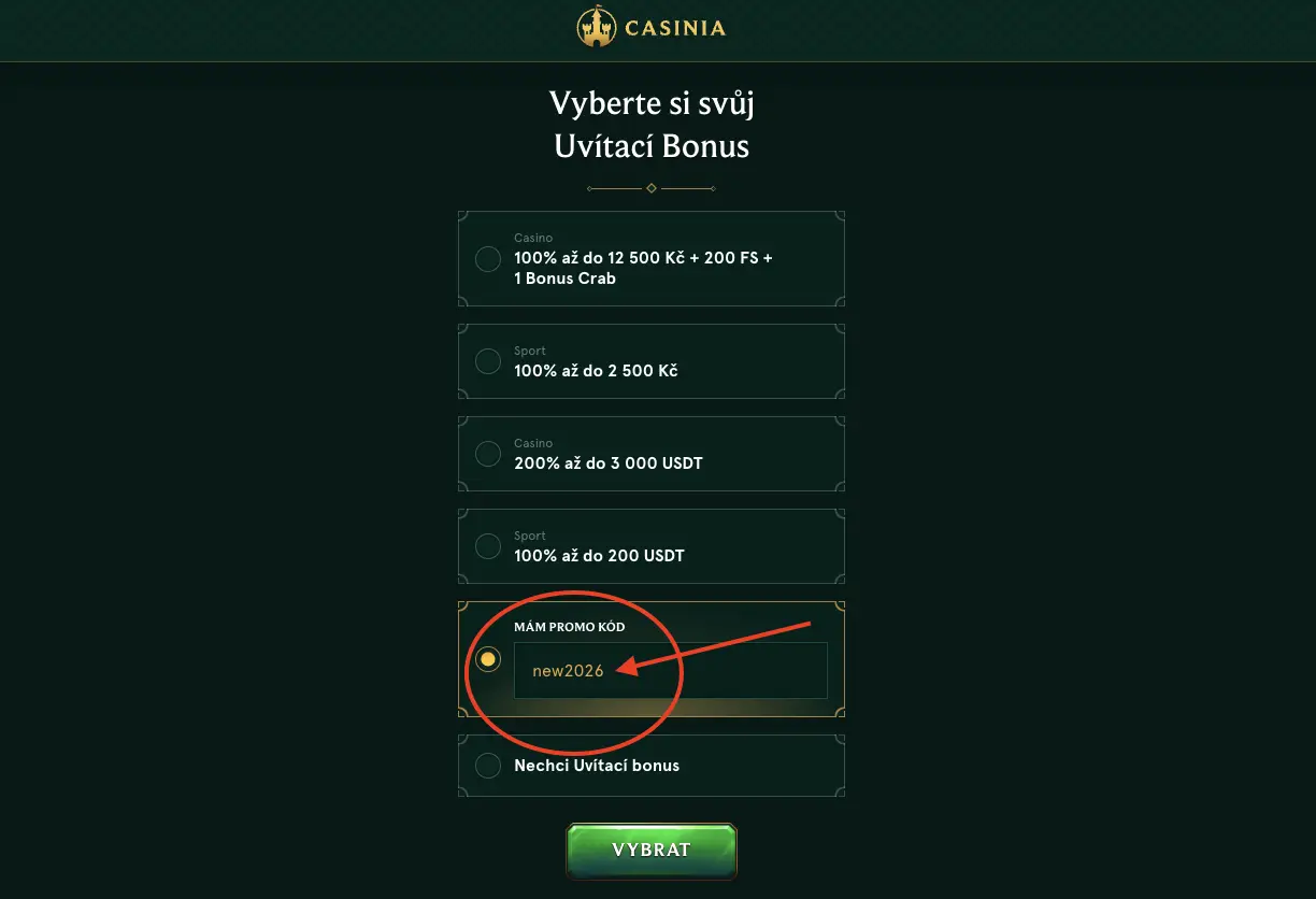 Aktivácia promo kódu new2026 – Casinia