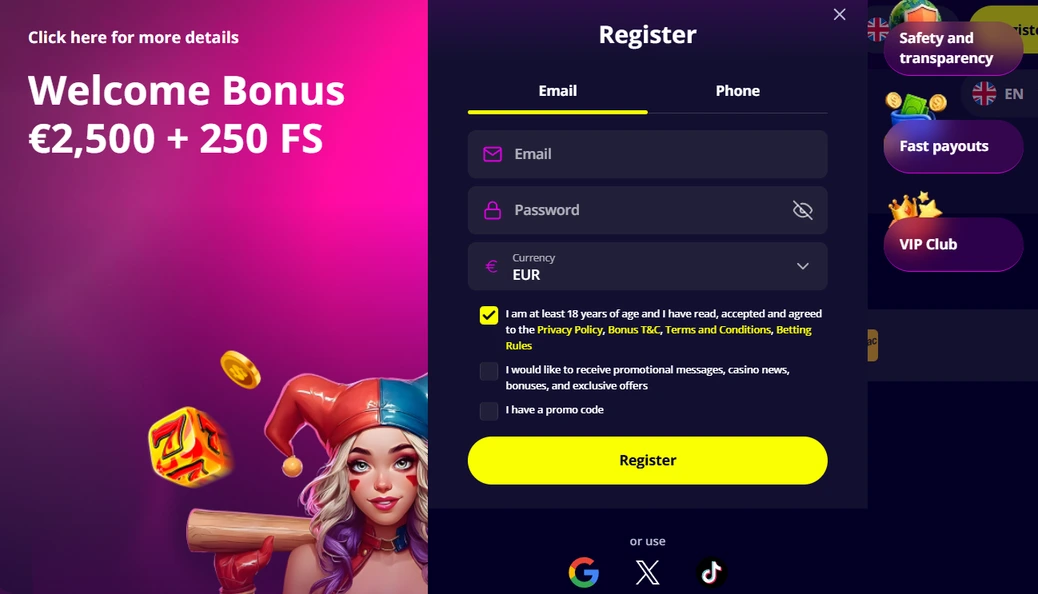 Slotoro Casino registrácia nového hráčskeho účtu