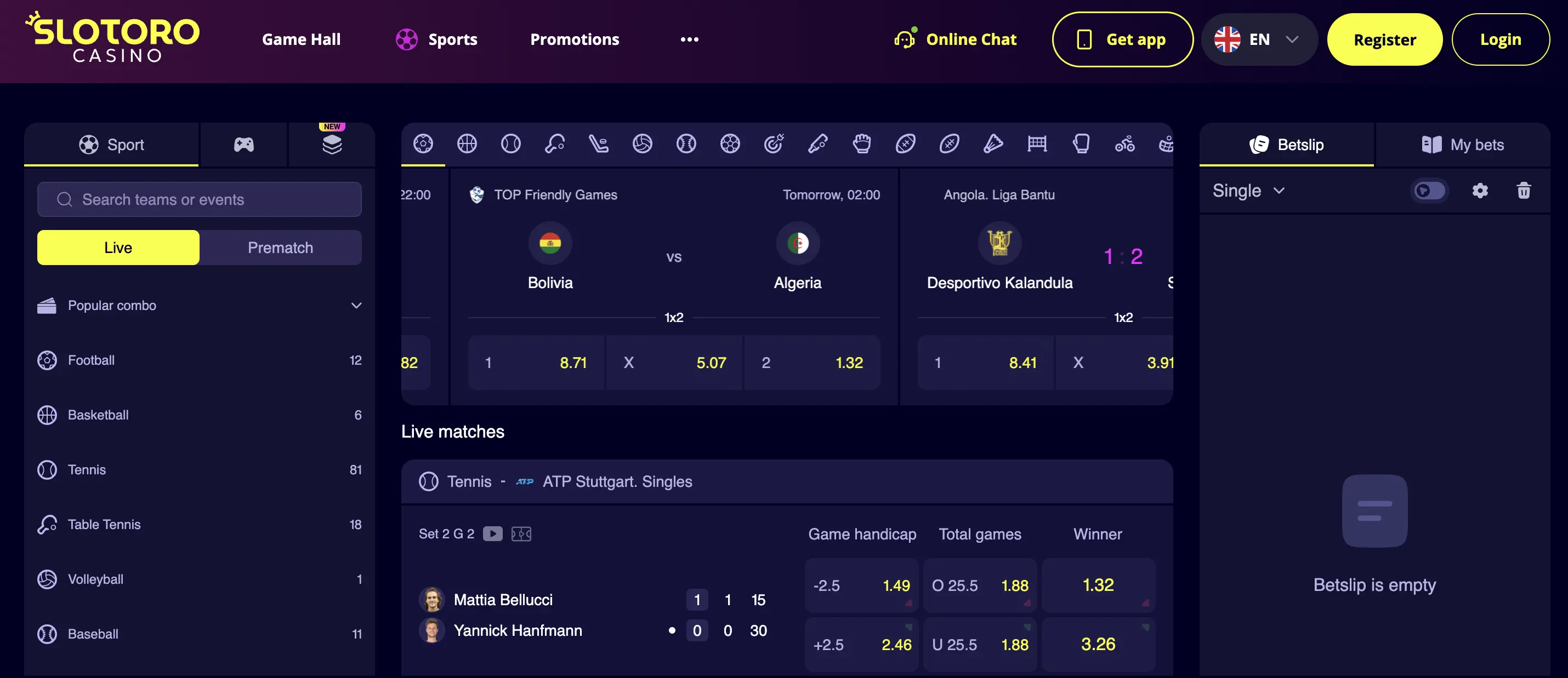 Slotoro Casino športové stávkovanie a live ponuka