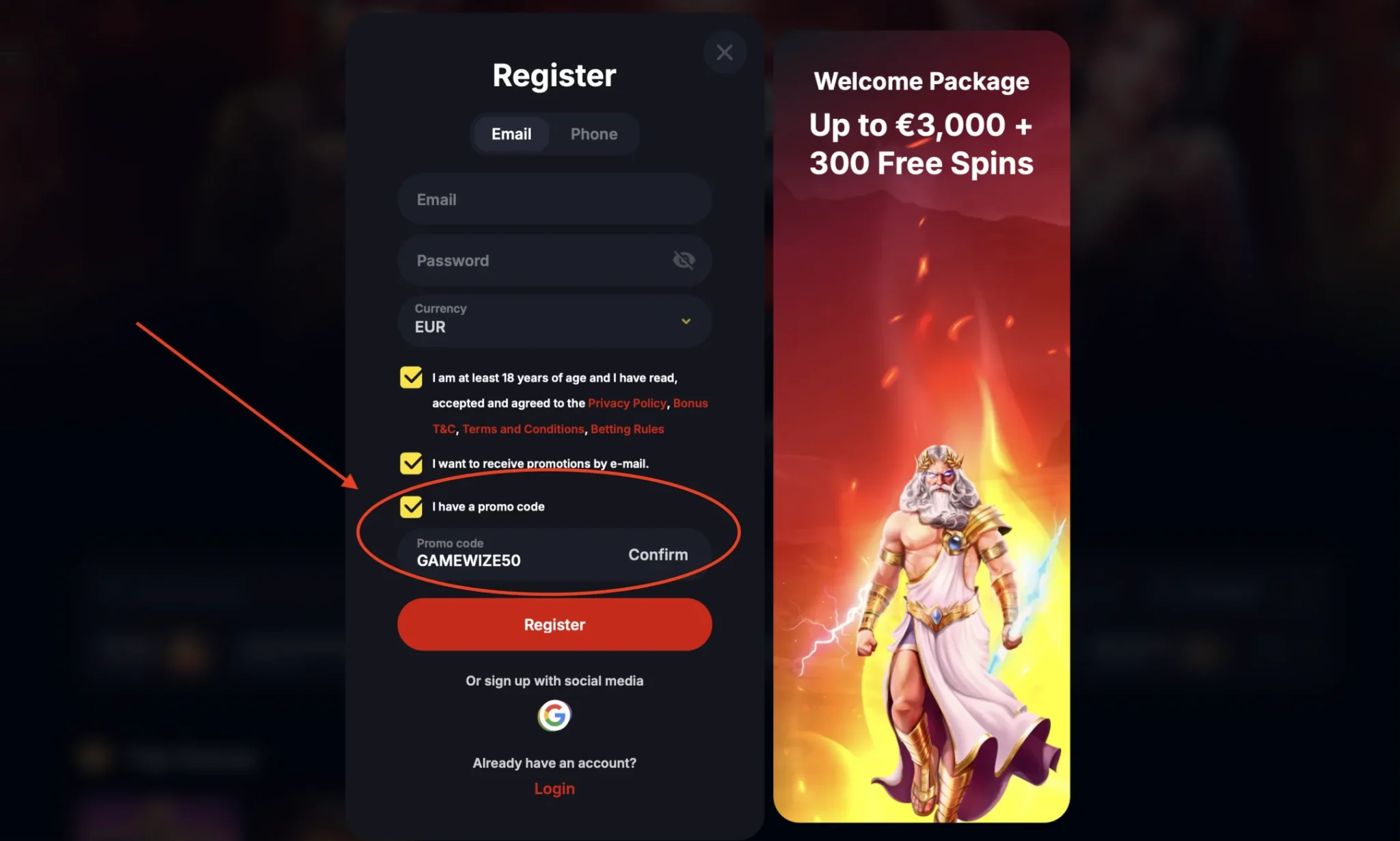 Ako zadať YEP Casino promo kód GAMEWIZE50 pri registrácii