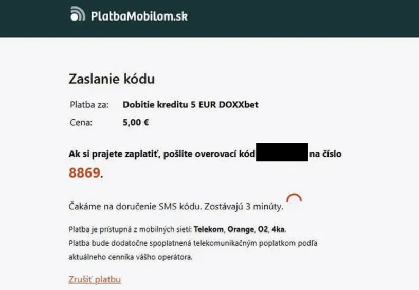 DoxxBet potvrdenie vkladu cez SMS PlatbaMobilom