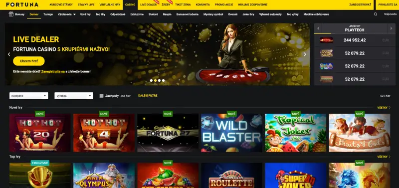 Fortuna Casino lobby s live dealerom a hrami