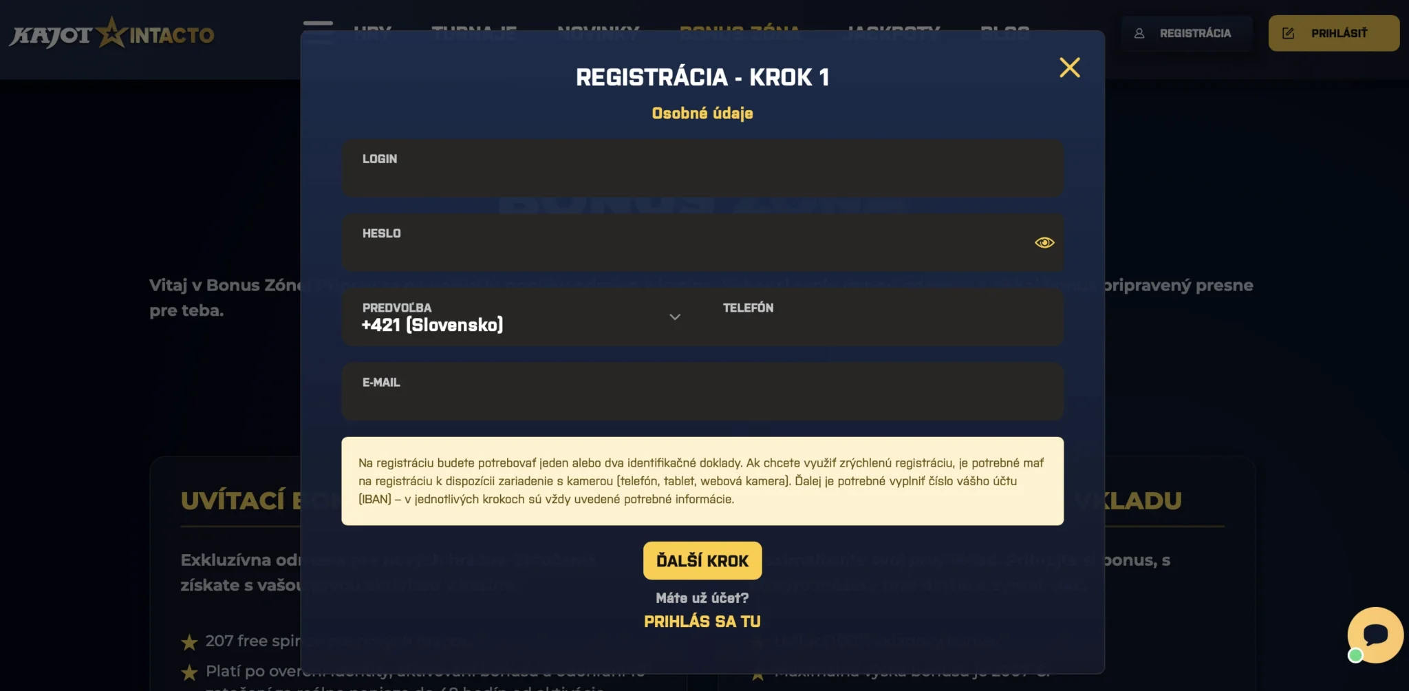 Kajot Intacto registrácia – krok 1