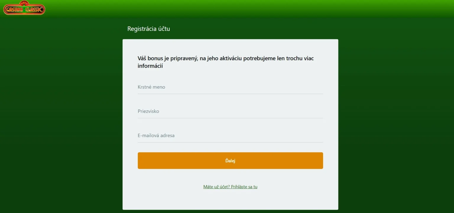 Casino Classic registrácia nového účtu