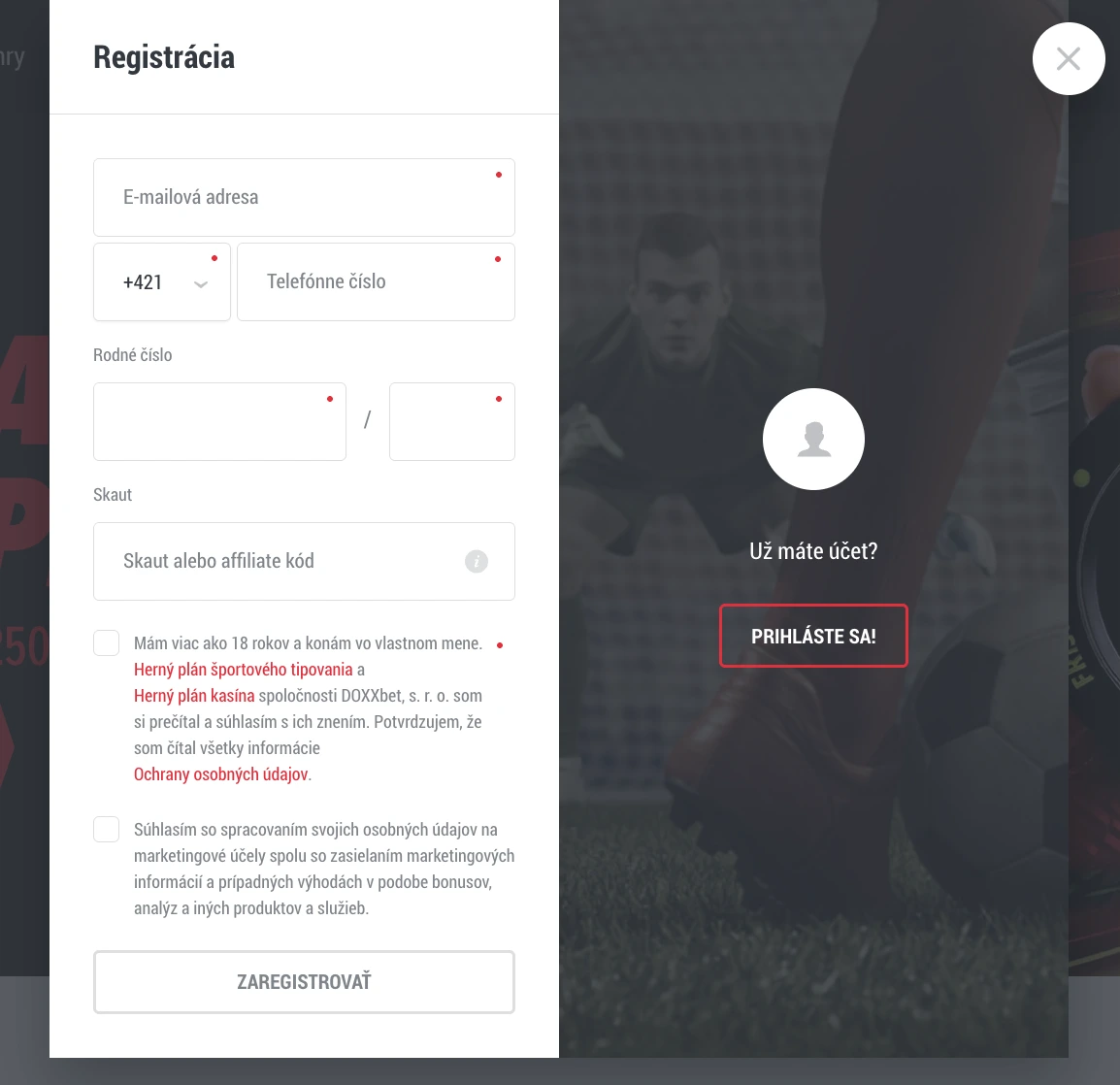 DoxxBet registrácia a zadanie scout kódu AFF1268