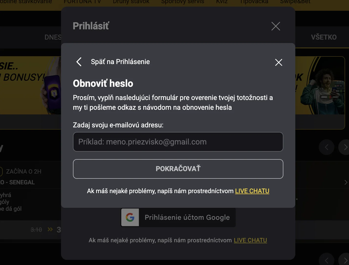 Fortuna obnova hesla cez prihlasovacie okno