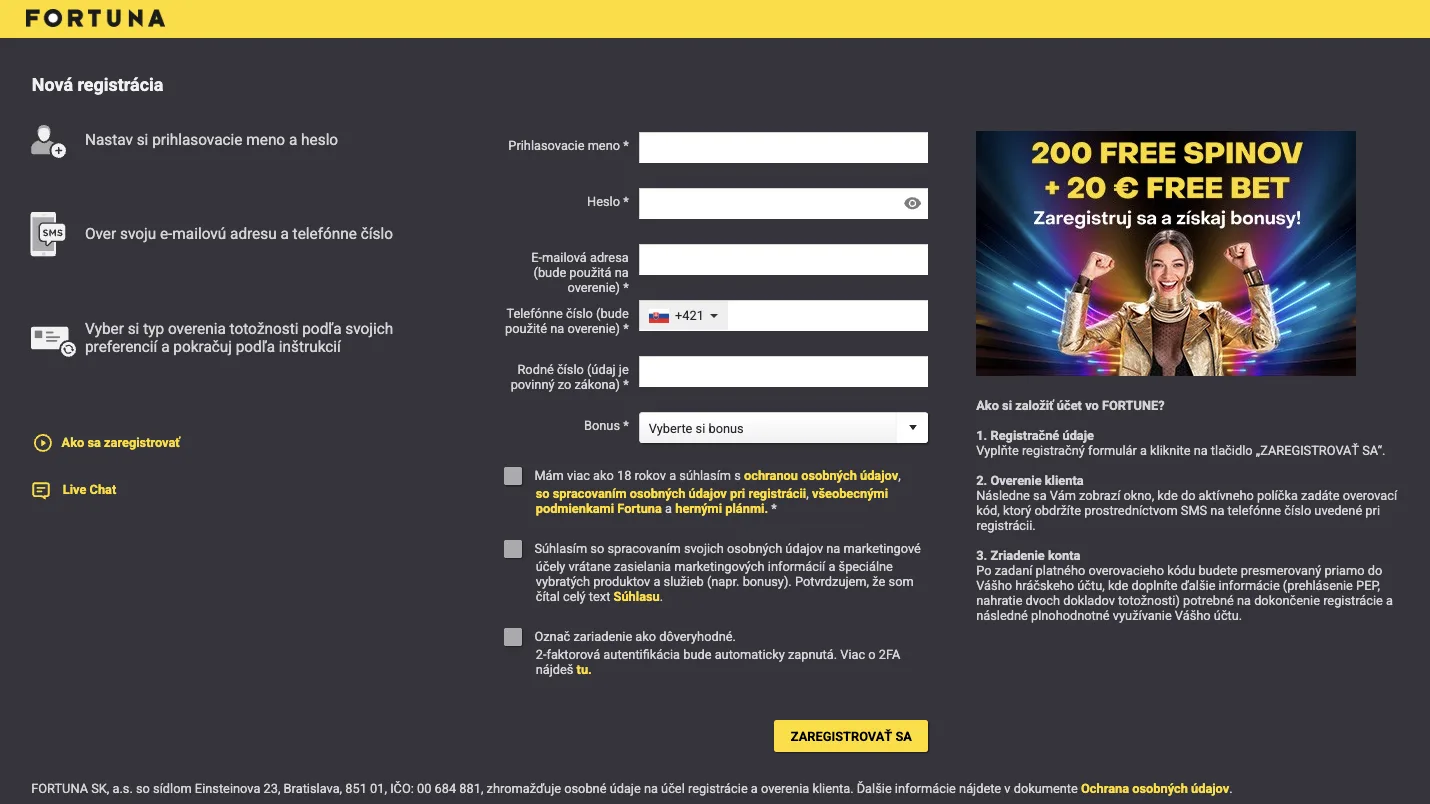 Fortuna Casino registračný formulár
