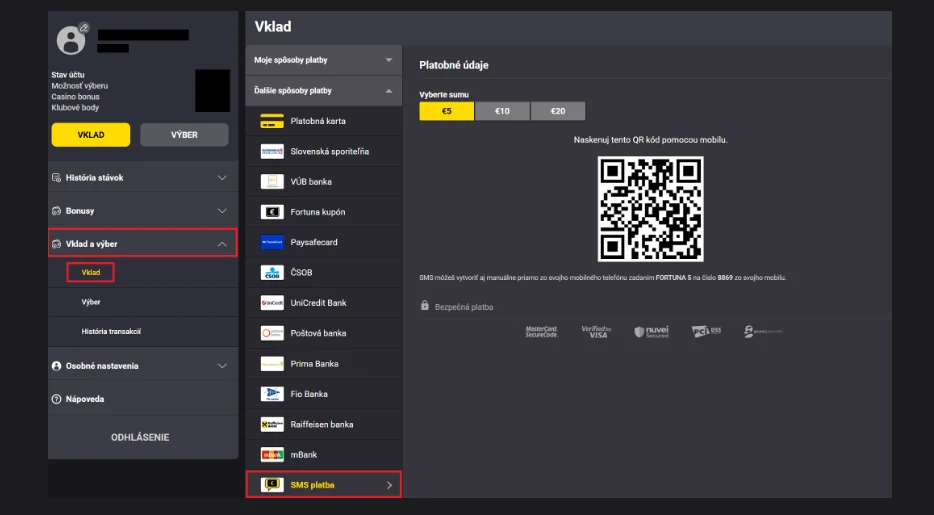 Výber SMS platby a QR kód v pokladni kasína