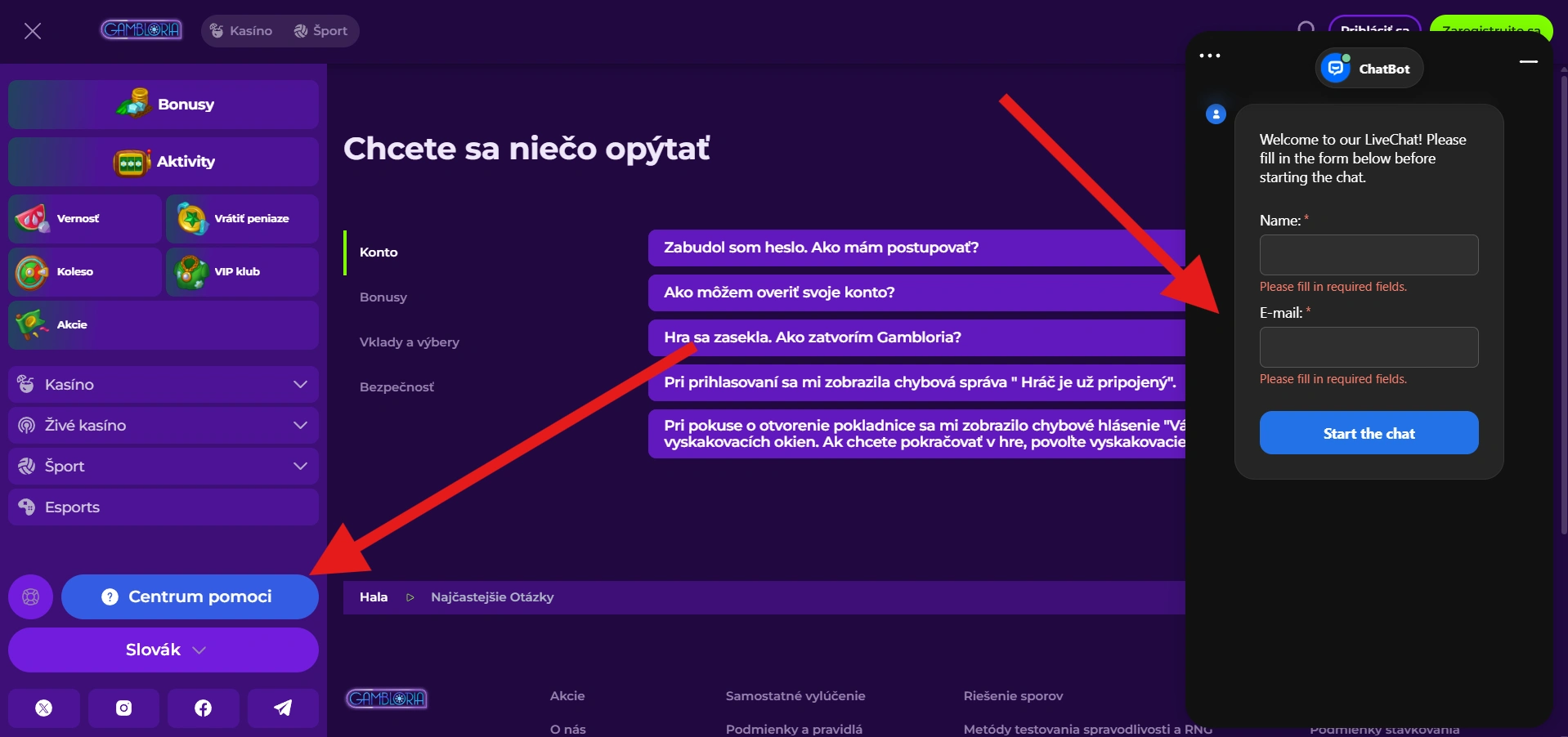 Gambloria centrum pomoci a live chat zákazníckej podpory