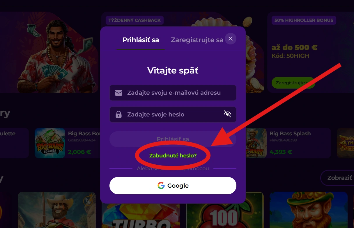 Gambloria obnova hesla cez možnosť Zabudnuté heslo