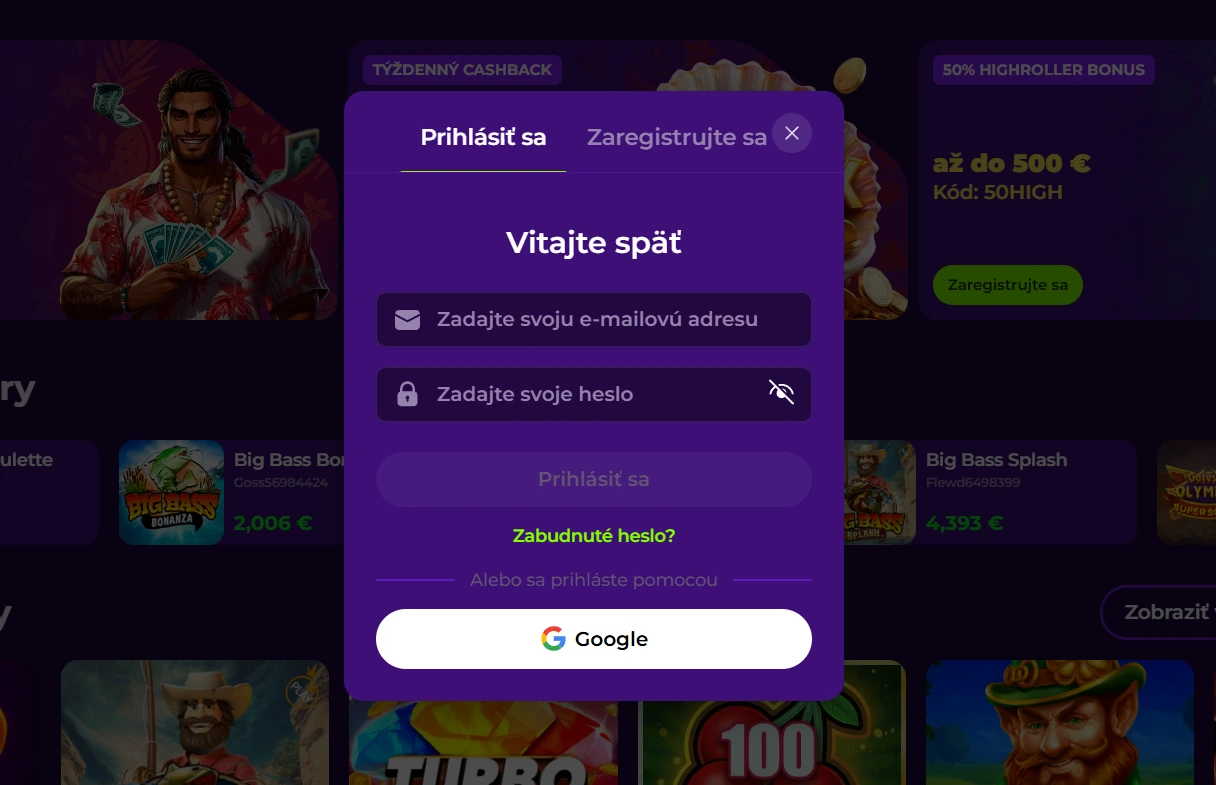 Gambloria prihlásenie do hráčskeho účtu