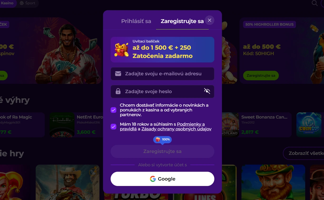 Gambloria registrácia nového účtu s uvítacím balíkom