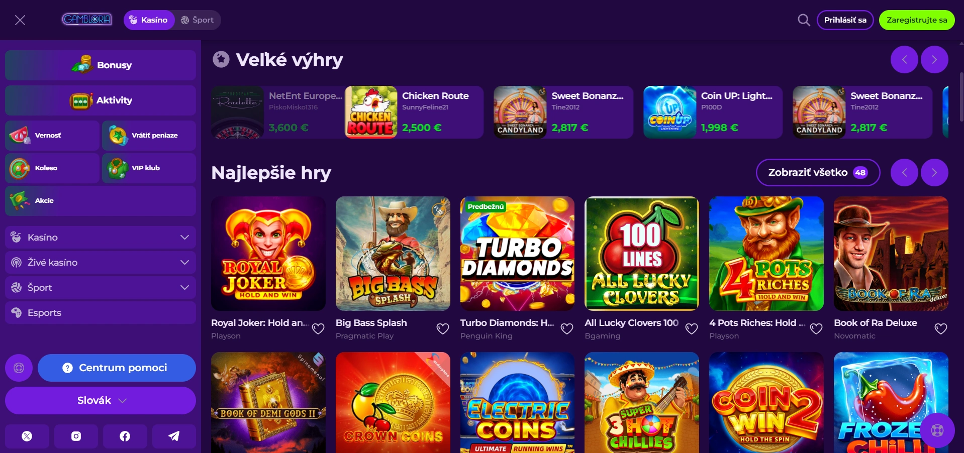 Gambloria Casino stránka a herná knižnica s najlepšími hrami