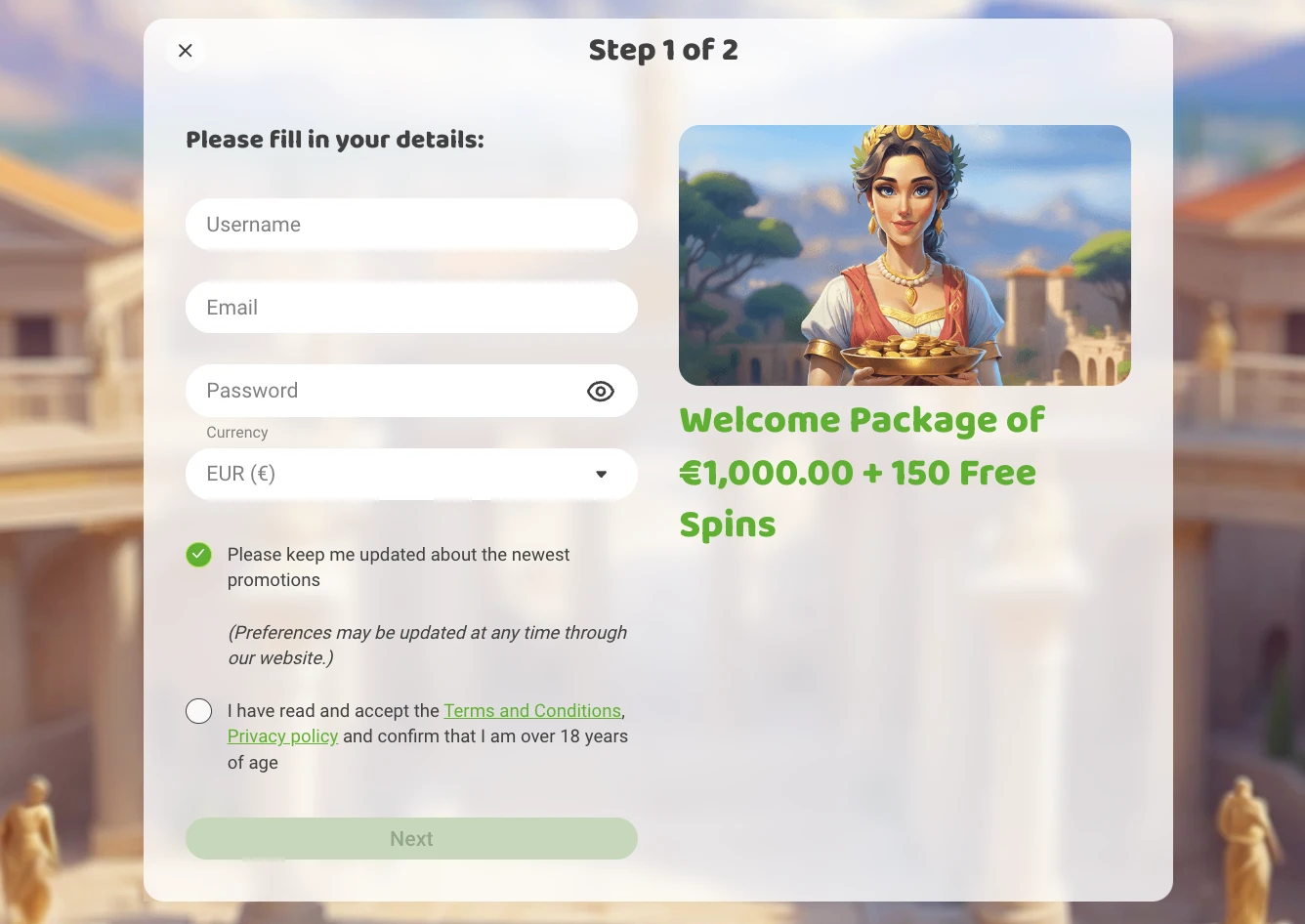 Imperial Wins registrácia krok 1 - meno, e-mail, heslo a mena