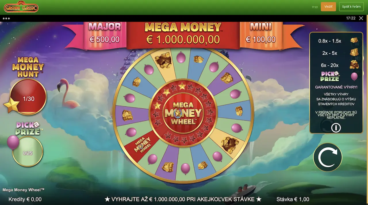 Casino Classic Mega Money Wheel jackpotové koleso s výhrou 1 milión €