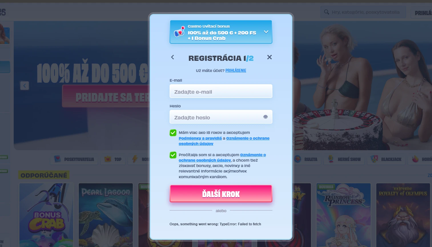 OnlySpins registrácia krátky formulár e-mail a heslo
