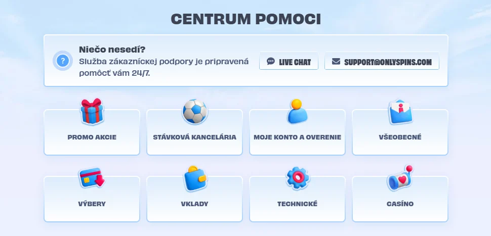 OnlySpins centrum pomoci live chat a e-mailová podpora