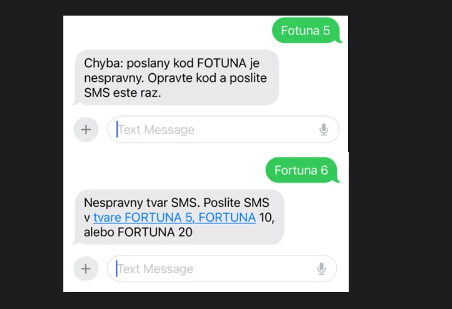 Chybové SMS hlásenie pri nesprávnom kóde alebo tvare správy