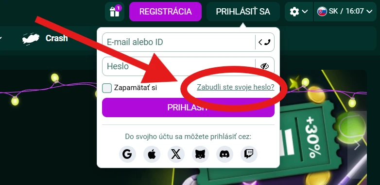 SpinBetter obnova hesla cez možnosť Zabudli ste svoje heslo