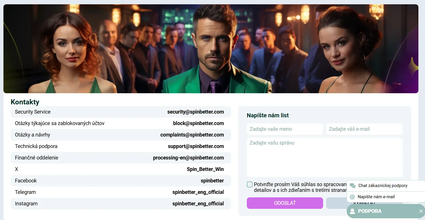 SpinBetter zákaznícka podpora kontakty a live chat