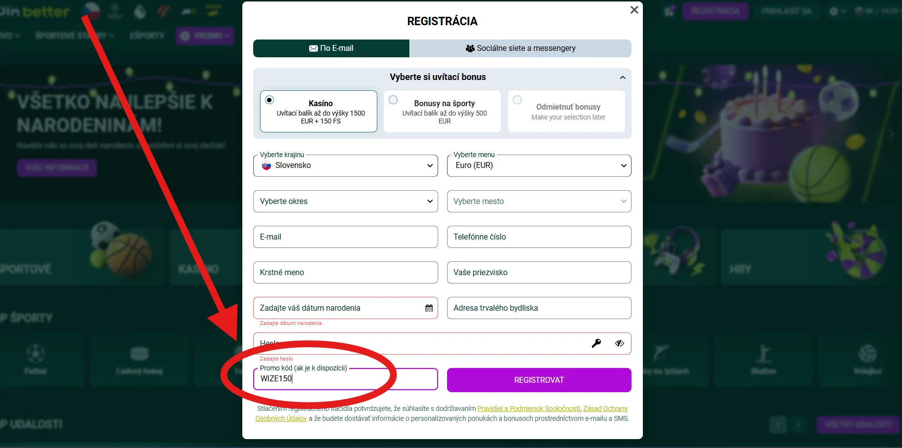 SpinBetter registrácia kde zadať promo kód WIZE150