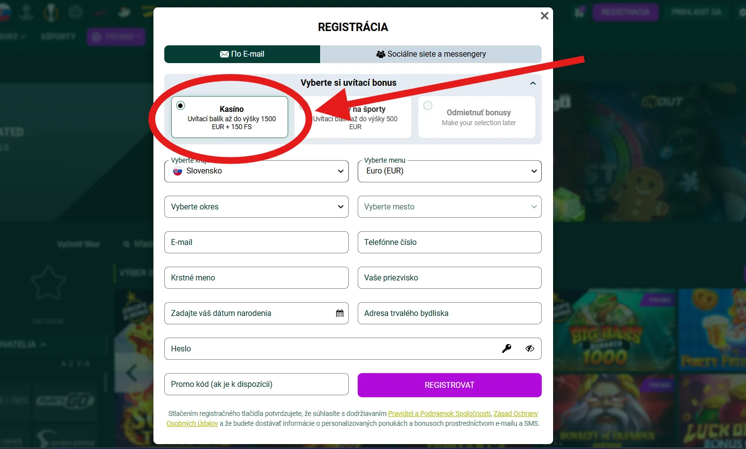 SpinBetter výber uvítacieho bonusu pri registrácii kasíno až do 1 500 EUR