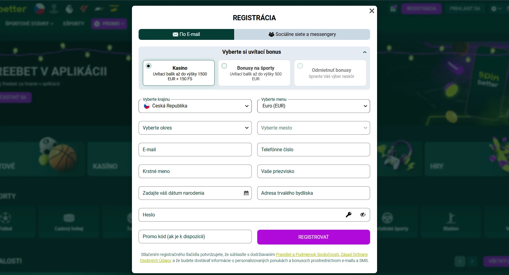 SpinBetter registračný formulár cez e-mail