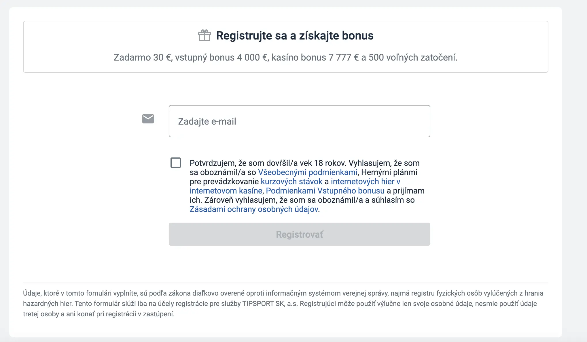 Tipsport Casino registrácia a vstupný bonus