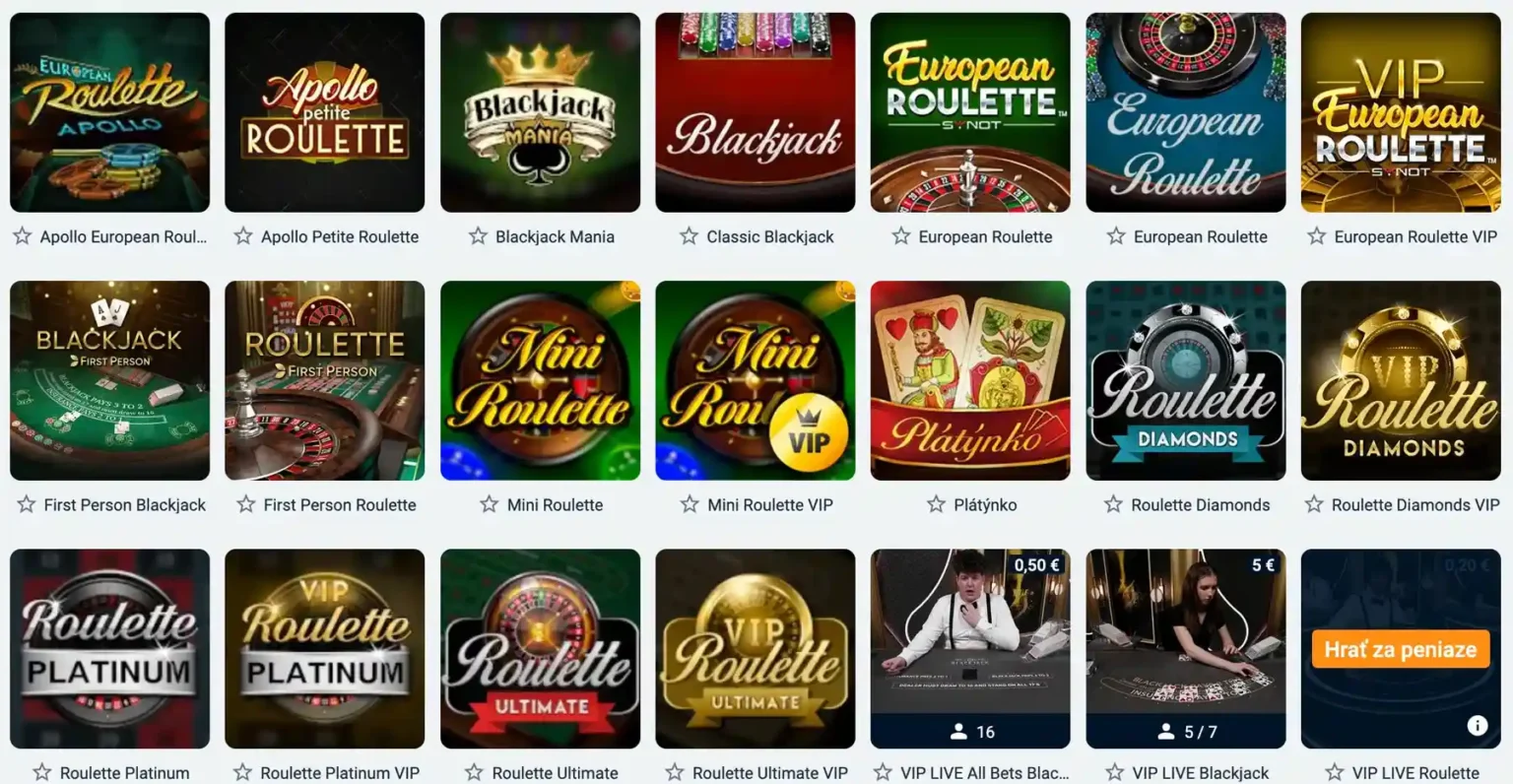 Tipsport Casino stolové hry ruleta a blackjack