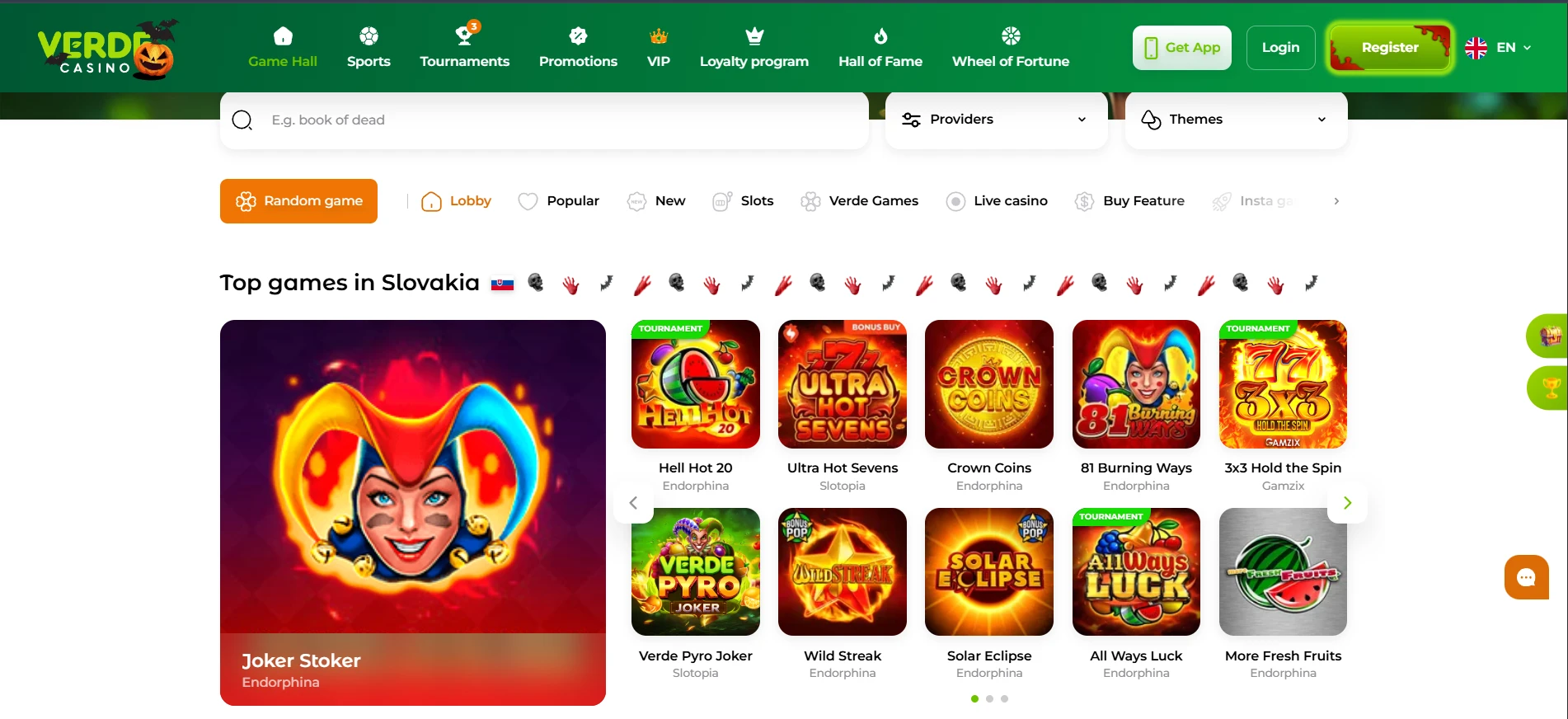 Verde Casino herná knižnica a menu
