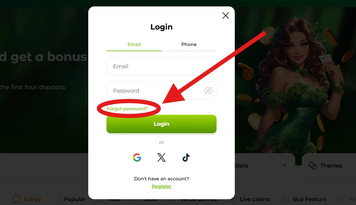 Verde Casino obnova hesla cez Forgot password