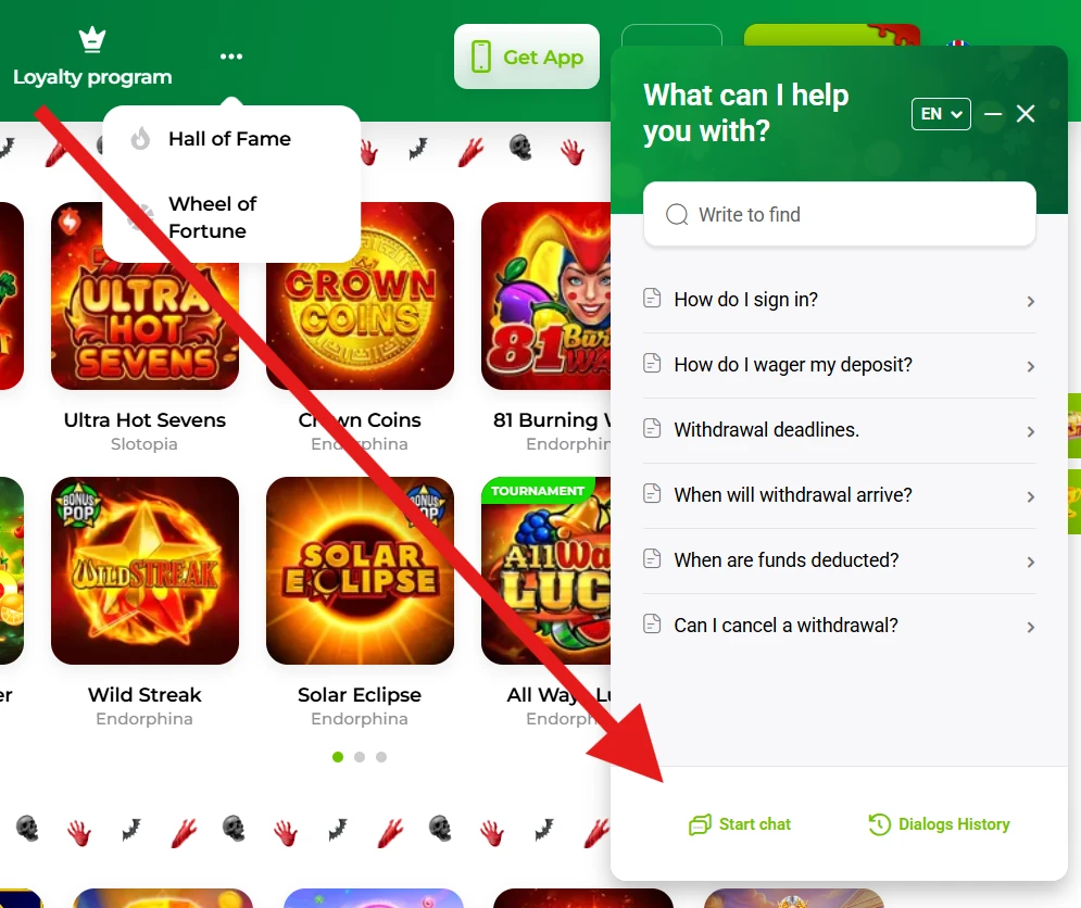 Verde Casino zákaznícka podpora a live chat