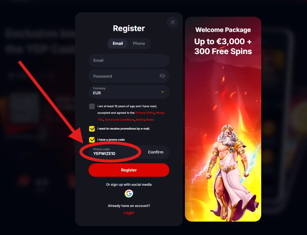YEP Casino promo kód YEPWIZE10 pri registrácii
