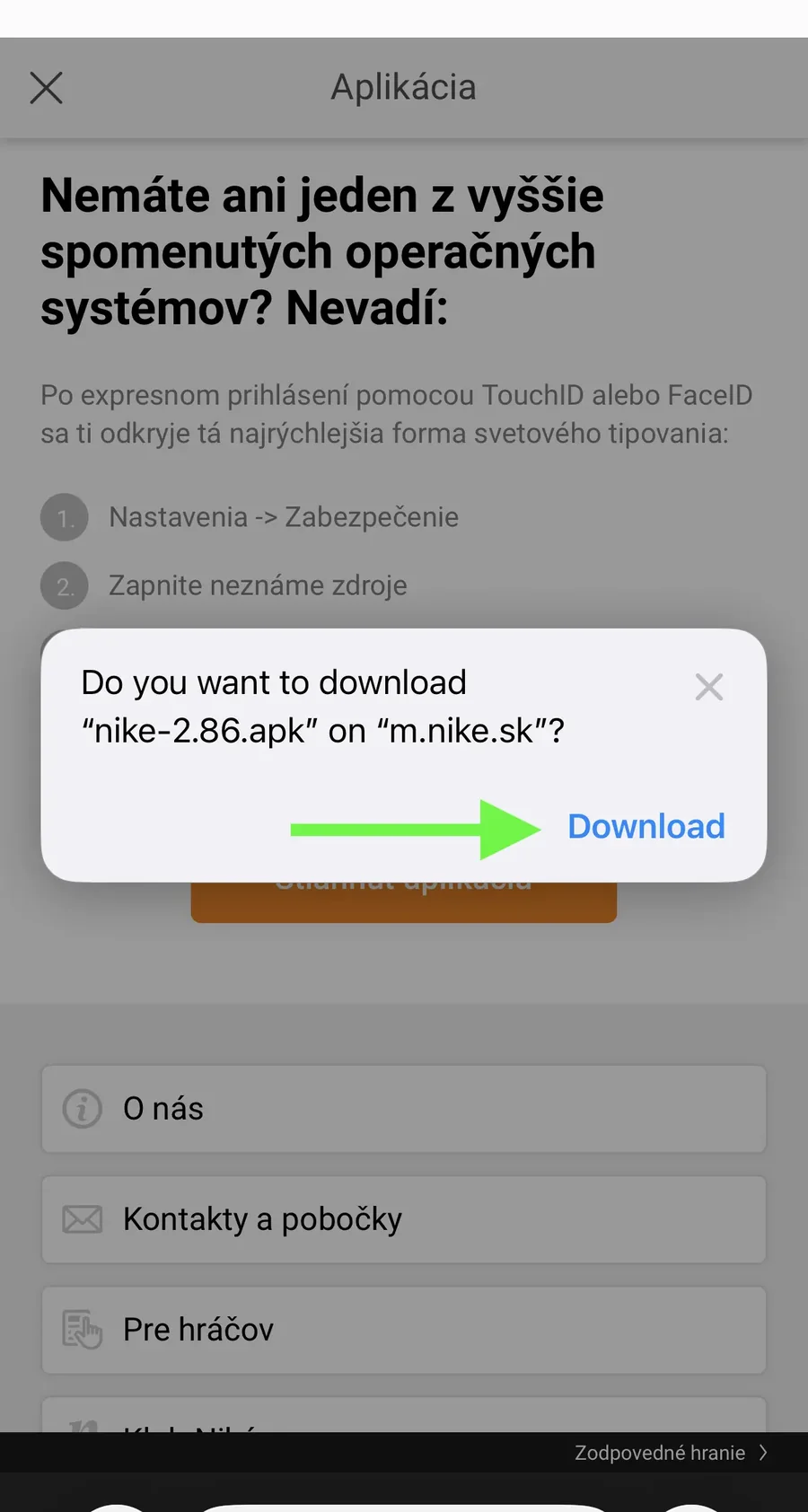 Dialóg prehliadača na stiahnutie súboru nike-2.86.apk z m.nike.sk pri inštalácii Niké aplikácie pre iné operačné systémy