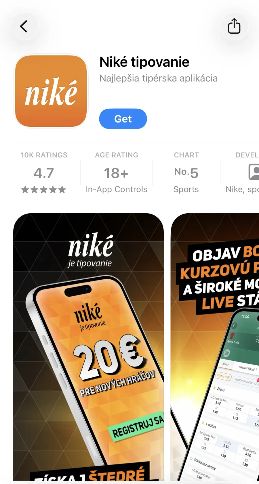 Niké tipovanie v App Store na iPhone: hodnotenie 4,7 z 10 000 recenzií, vek 18+, 5. miesto v kategórii Šport