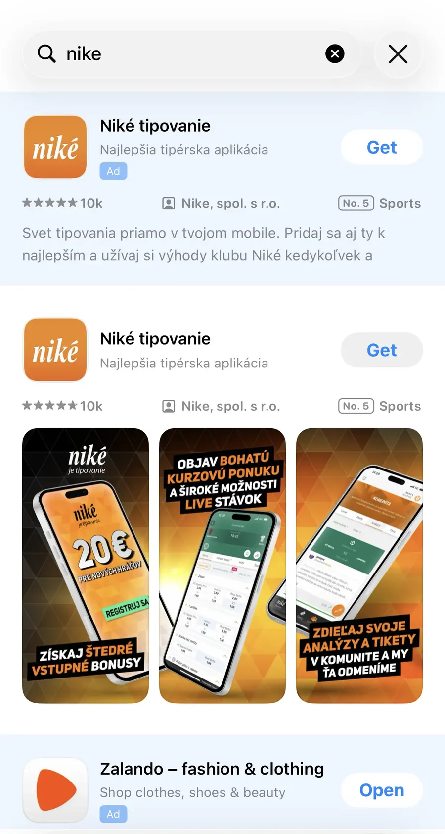 Výsledky vyhľadávania „nike“ v App Store na iPhone s aplikáciou Niké tipovanie a ukážkami obrazoviek