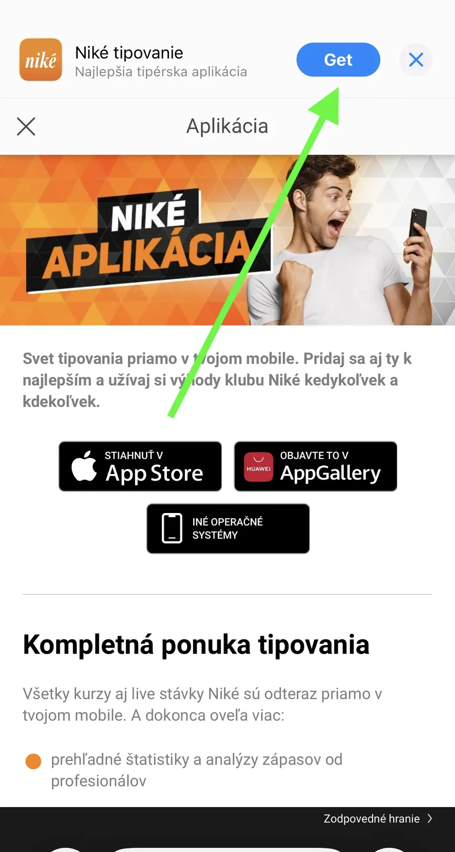 Stránka Niké aplikácia na nike.sk s tlačidlami Stiahnuť v App Store, Objavte to v AppGallery a Iné operačné systémy, hore banner App Store s tlačidlom Get