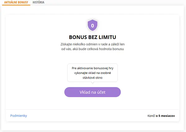 Bonus bez limitu v účte Niké pred aktiváciou s tlačidlom Vklad na účet