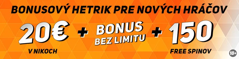 Banner Niké bonusový hetrik pre nových hráčov: 20 € v Nikoch, Bonus bez limitu a 150 free spinov