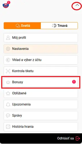 Menu účtu Niké v mobile so zvýraznenou sekciou Bonusy