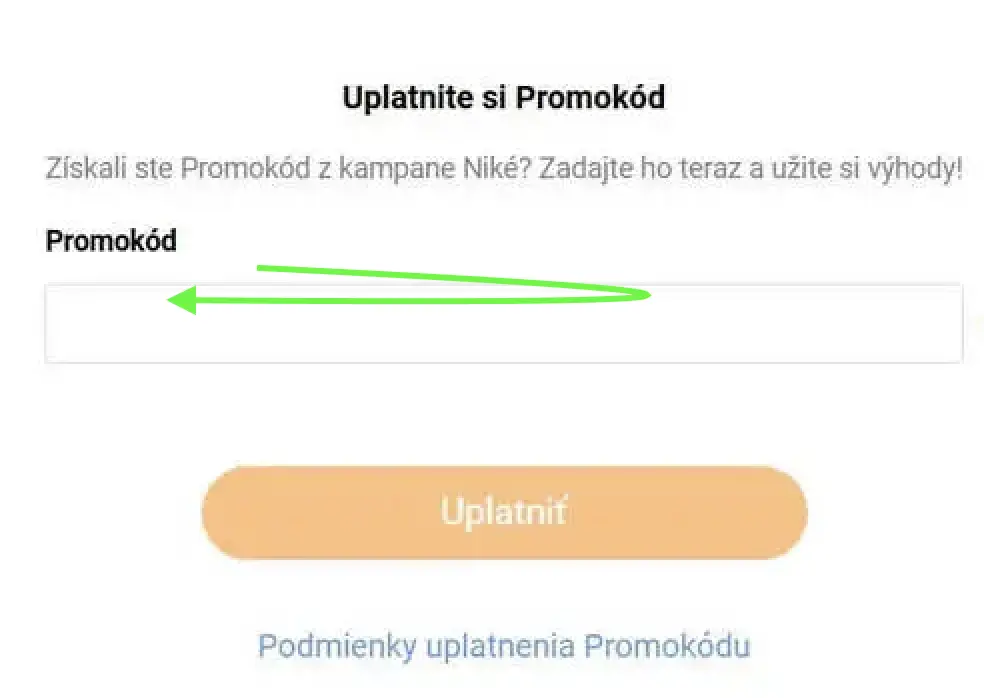 Okno „Uplatnite si Promokód“ v účte Niké s poľom na zadanie promo kódu a tlačidlom Uplatniť