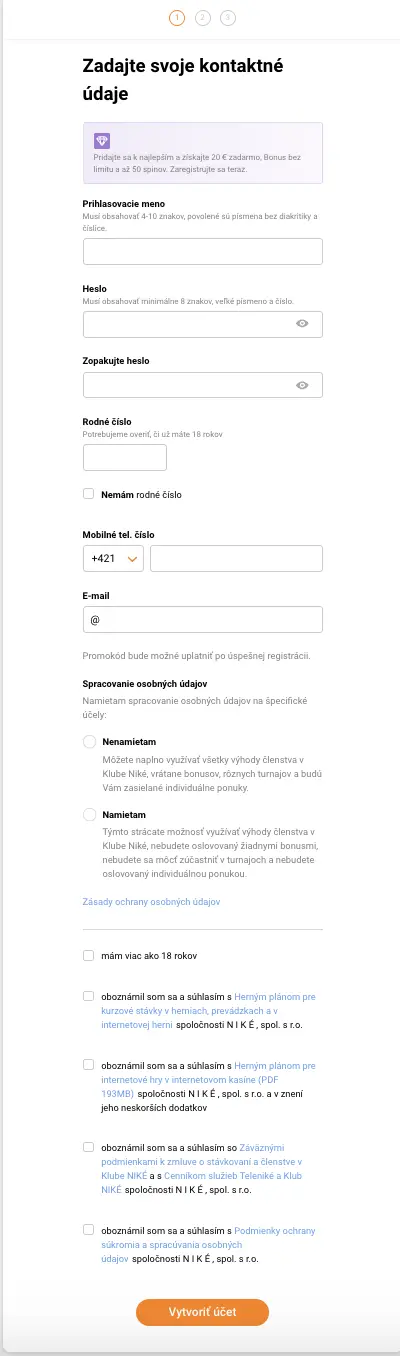 Registračný formulár Niké, krok 1: prihlasovacie meno, heslo, rodné číslo, mobil, e-mail a súhlasy