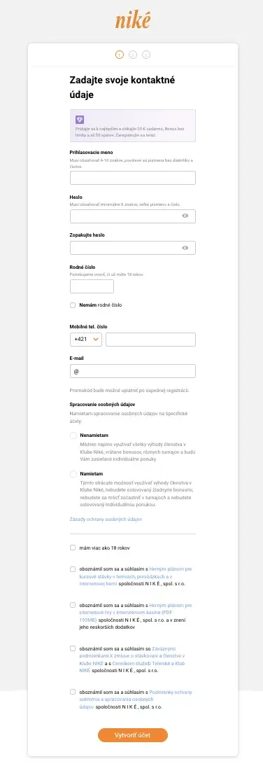 Registračný formulár Niké, krok 1: kontaktné údaje, rodné číslo, mobil, e-mail a súhlasy s podmienkami